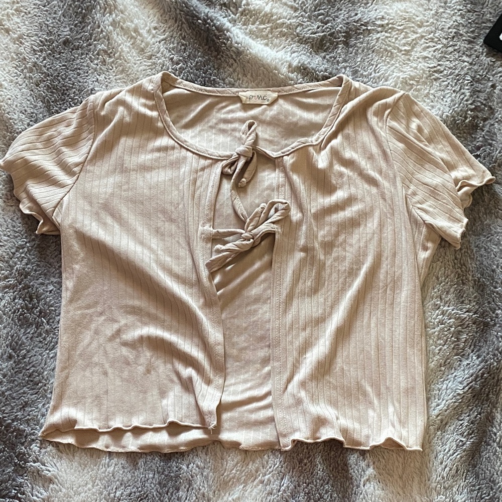 Pinc Short Sleeve Ribbed Tie-Front Top in Light Beige